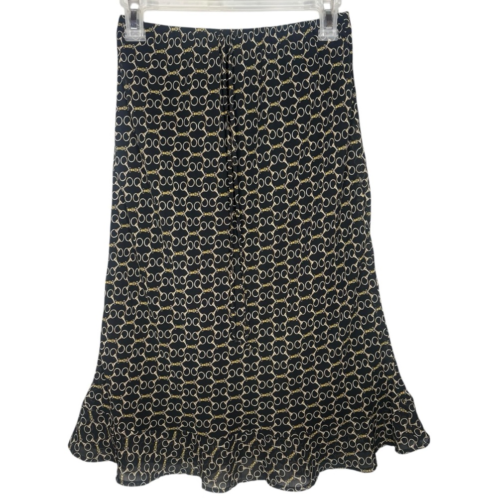 vintage skirt Black Gold Trumpet ruffle hem Midi horsebit pattern small lapis